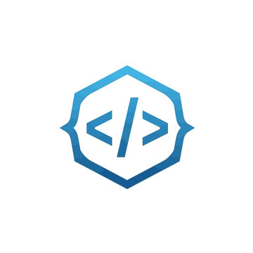 Coding logo with blue gradient hexagon.