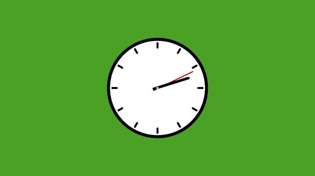 Classic Round Analog Clock Animation with Red Second Hand on Green Screen.