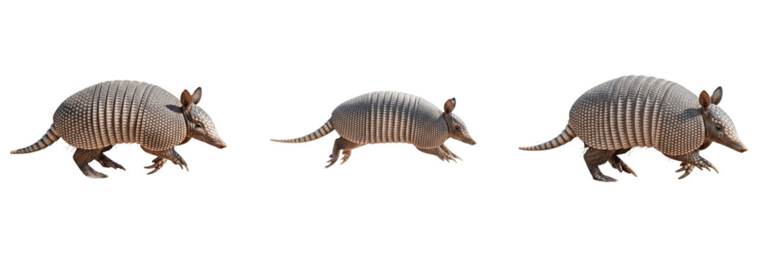 Set of Nine-Banded Armadillos Walking Isolated on White Background Wildlife Illustration
