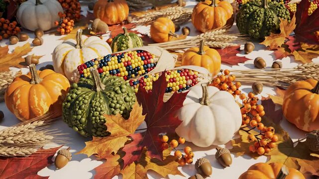 Autumn Harvest Decoration with Pumpkins and Colorful Fall Leaves