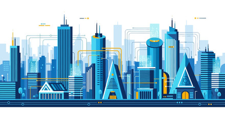 Fototapeta premium Vibrant and Connected Metropolitan Skyline Illustration Showcasing Modern Urban Infrastructure and Digital Network Integration for a Smart City Concept