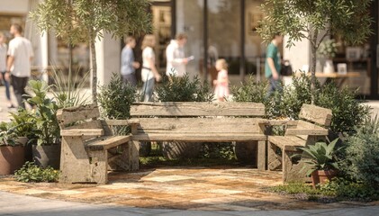 Obraz premium Outdoor family seating zone centered on rustic wooden benches with greenery and softfocus visitors in the background creating a peaceful entryway vibe.