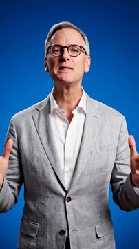 Man in Gray Suit and White Shirt Gesturing with Hands.