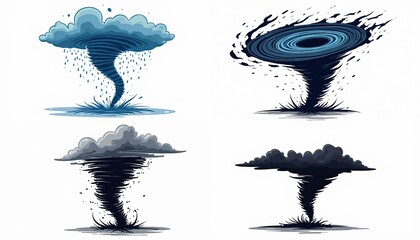 Obraz na płótnie Canvas Four stylized tornado illustrations show swirling vortex weather phenomena. Different styles from rain to dark clouds, representing storm power and destruction.