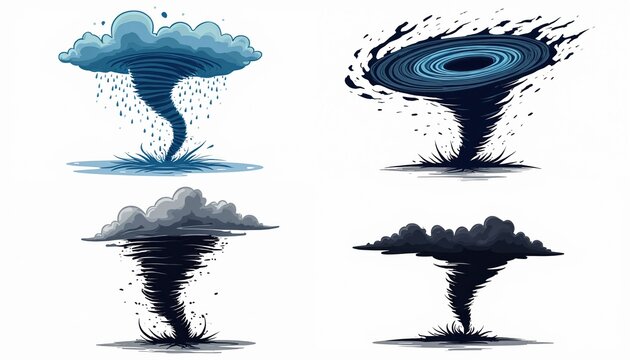Four stylized tornado illustrations show swirling vortex weather phenomena. Different styles from rain to dark clouds, representing storm power and destruction.