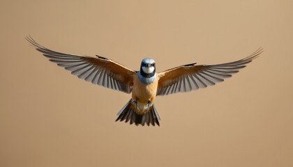Fototapeta premium Male bearded reedling bird flies with outstretched wings against neutral background. Small songbird shows detailed feathers, distinctive blue grey neck markings. Ornithology capture of wild avian