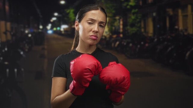 Woman with red boxing gloves in guard pose on a night street, face centered and eyes closed; urban grit determination.