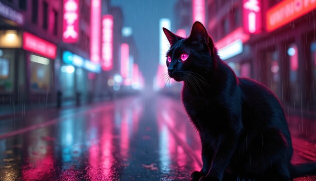 Black cat with bright pink glowing eyes sits on wet city street. Neon lights reflect on wet asphalt. Rain falls on urban street at night. Futuristic cityscape background.