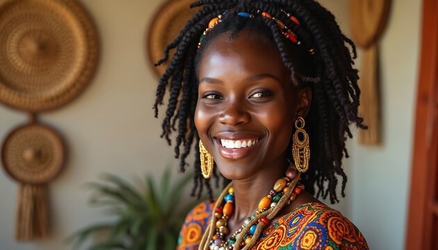 Smiling Black woman with Fulani braids wears colorful clothing and gold earrings. She looks confident and happy in her ethnic home decor setting. Woman displays cultural pride.