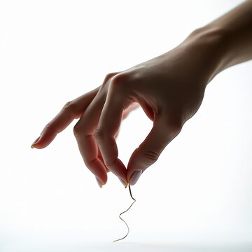 Woman hand picks up tiny gold wire. Gentle finger touches thin metallic thread. Female gestures carefully holding small object. Choice concept, precision, delicate.