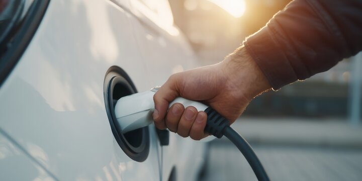 Person inserts charging cable into electric car