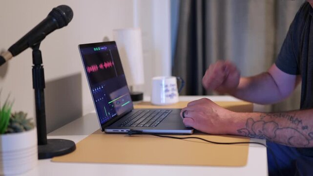 Podcast Audio Engineer Recording Playing Reviewing Live Tracks During Show - Tech Mixing Audio Podcast Content Creator Concept