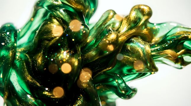 Luxurious emerald green and gold abstract fluid art with metallic bokeh effects creating elegant flowing patterns for premium design projects.