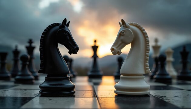 Black and white chess knights face each other on board at sunset. Other chess pieces stand behind them on battlefield under dramatic cloudy sky, ready for battle. Strategic game begins.