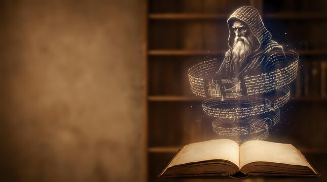 Elderly bearded wizard in hooded robe reading ancient spellbook with magical glowing text in medieval library setting for fantasy storytelling projects.