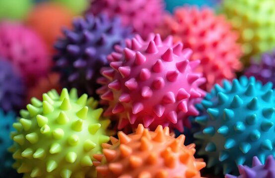 A pile of colorful spiky massage balls in various bright hues. These rubber spheres are ideal for pet play or human relaxation. They offer a fun tactile experience for cats dogs and people.