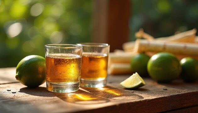 Two glasses with Brazilian cachaca and limes sit on a rustic wooden table. Sugarcane stalks rest in background. Natural light illuminates this tropical spirit setup, perfect for festive occasions.
