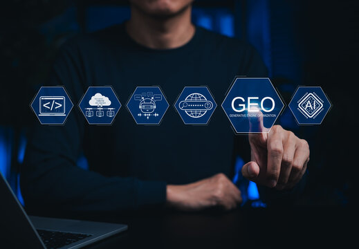 Generative Engine Optimization concept. Man touching GEO virtual icon for digital marketing strategy, artificial intelligence, AI search, cloud computing, web development automation tools, AEO, SEO,