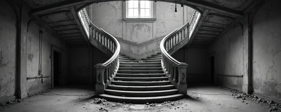 Grand elegant staircase inside abandoned decaying manor. Winding stpic with ornate balustrade, peeling plaster walls, dusty floor. Gloomy interior, forgotten architecture.