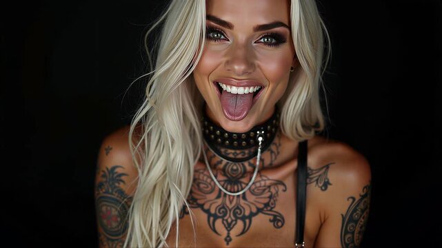A woman with long blonde hair is laughing and sticking out her tongue. She is wearing a black choker with silver studs and a black spaghetti strap top.