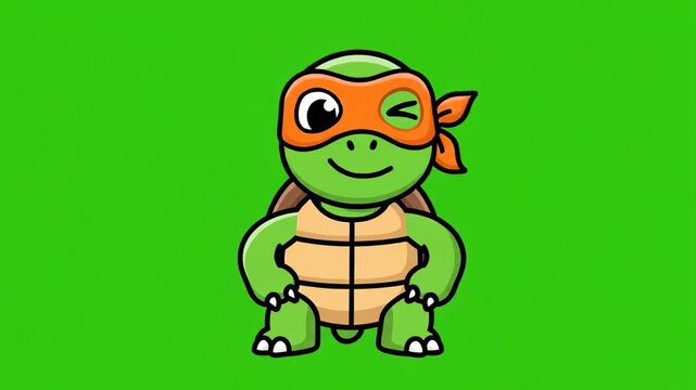 Turtle Cartoon Character Waving and Winking on a Green Screen