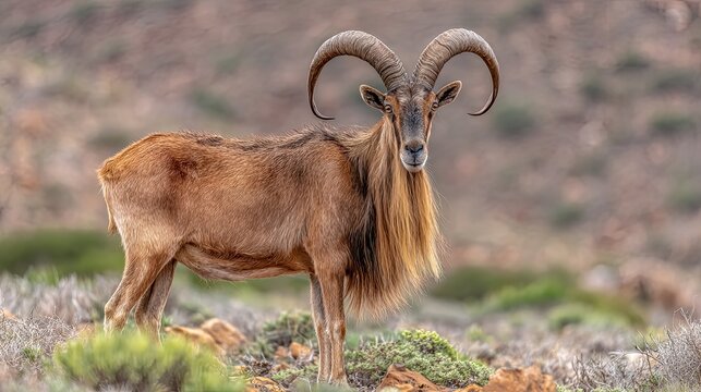 Mature Adult Male Aoudad Barbary Sheep Standing in Rocky Scrub Grassland, Sandy Reddish-Brown Coat, Long Shaggy Throat Chest Leg Fringe, Curved Ridged Horns, Wildlife Natural Landscape Horizontal