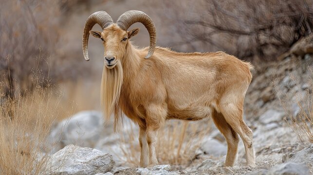 Mature Adult Male Aoudad Barbary Sheep Standing in Rocky Scrub Grassland, Sandy Reddish-Brown Coat, Long Shaggy Throat Chest Leg Fringe, Curved Ridged Horns, Wildlife Natural Landscape Horizontal