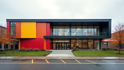 Fototapeta premium Modern school building facade features bold red, orange, yellow panels. Large glass windows offer interior views of empty spaces. Exterior displays contemporary design with clean lines, spacious