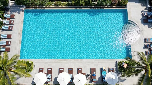A vivid aerial view of a turquoise swimming pool with clean blue water shimmering in the summer sunlight, square tiled base pattern visible beneath the crystal-clear surface, gentle ripple patterns