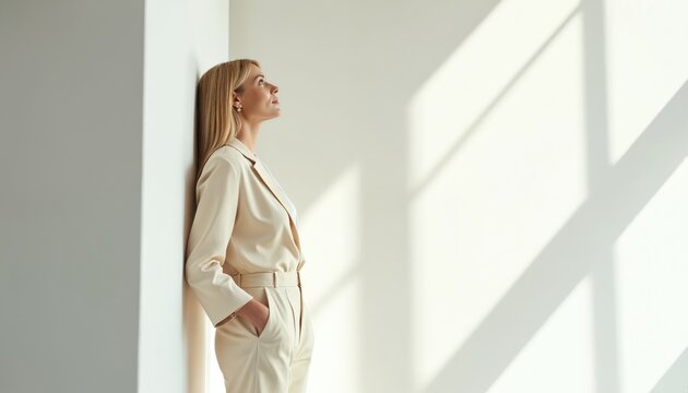 Woman in cream suit leans on wall looking up. Bright modern interior with sun shadows on wall. Peaceful contemplation or aspiration. Businesswoman indoor scene.
