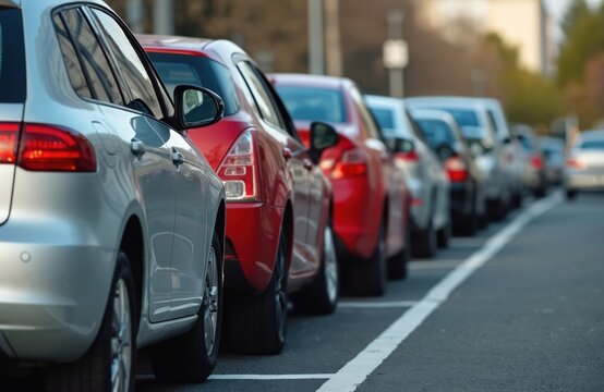 Cars parked very close together on a city street. Tight parking spots make it difficult for drivers to navigate and open car doors, representing urban congestion and parking challenges.