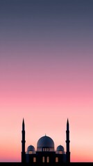 Naklejka premium Mosque silhouette presented against a serene, colorful gradient sky during evening twilight hours, evoking spiritual harmony and cultural significance