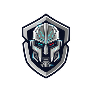 Futuristic robot head in shield logo.