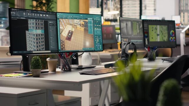 Architectural software, in empty office space, for floor plan interior design, 3D render interface with apartment layout remodeling. Construction planning with digital drafting tools.