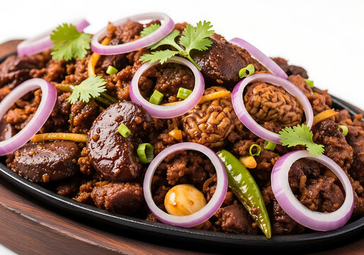 Spicy pakistani kata kat street food sizzler platter featuring minced brain kidney organ meat cooked with spices onions green chilies coriander served hot on cast iron skillet.