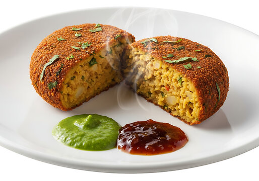 Crispy golden vegetable cutlet split open showing steamy potato lentil filling served with green mint chutney tamarind sauce on white plate isolated on white background.