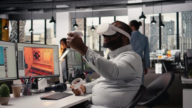 VR glasses cyberspace, game developer, working on video game in space, dual monitors, designing virtual assets and creating futuristic virtual world. Using high-tech gadgets with software.