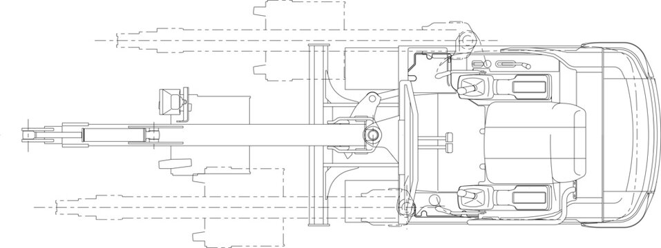 Technical engineering drawing showing a top-down plan view of a mini excavator with a hydraulic arm, bucket, tracks, and operator cabin in wireframe style