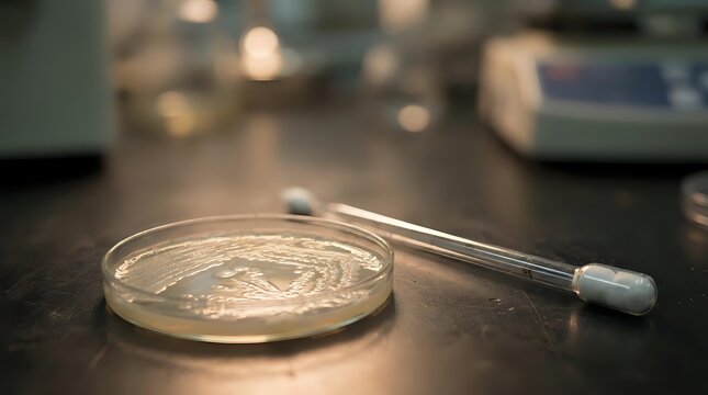 Laboratory petri dish with bacterial culture and inoculation loop on dark surface in scientific research environment for microbiology studies.