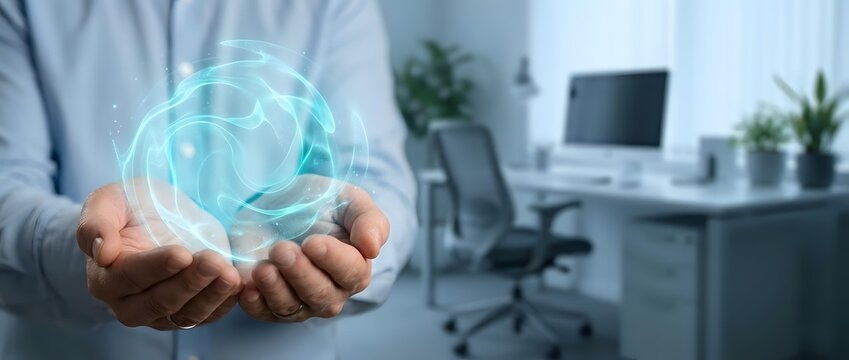 Professional businessman holding glowing digital brain hologram in modern office workspace representing artificial intelligence and innovation.