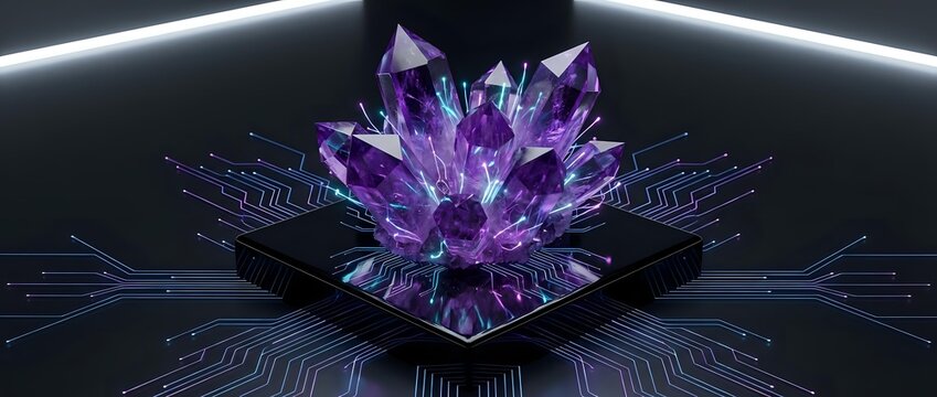 Purple crystal formation with geometric patterns and glowing light effects on dark futuristic background for digital art and sci-fi design projects.