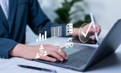Quality assurance and improvement concept with standardization and certification, ISO compliance,...