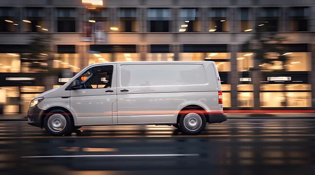 White delivery van moving rapidly through a bustling city street at dusk, showcasing efficient urban logistics and quick transport services for modern businesses amidst metropolitan architecture.