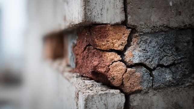Building foundation wall shows concrete crack damage in urban construction site during daylight hours