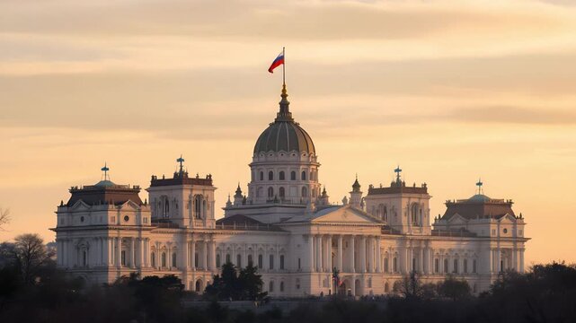 Neoclassical White Palace with Russian Flag at Sunset