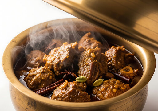 Sizzling Meat Handi Stew in a Brass Pot with Visible Steam, Cinnamon, Star Anise, and Cardamom Spices.