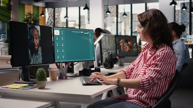 Woman editor using AI generative models for text to image commercial materials, virtual assistant writing script for photography generating next to video streaming platform on PC.