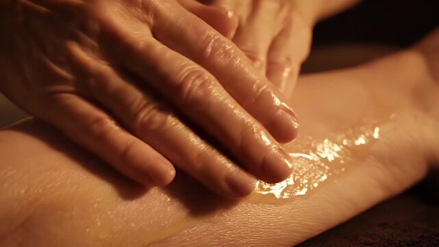 Close Up Macro Shot of Hands Gently Massaging Natural Oil Onto Skin Surface for Skincare and Wellness