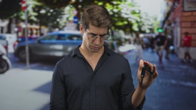 Man holding car keys in hand, frowning and inspecting key fob on a busy street; frustration uncertainty.