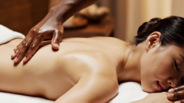 Close Up Of A Relaxing Full Body Massage In A Dimly Lit Spa With Oiled Skin And Candlelight